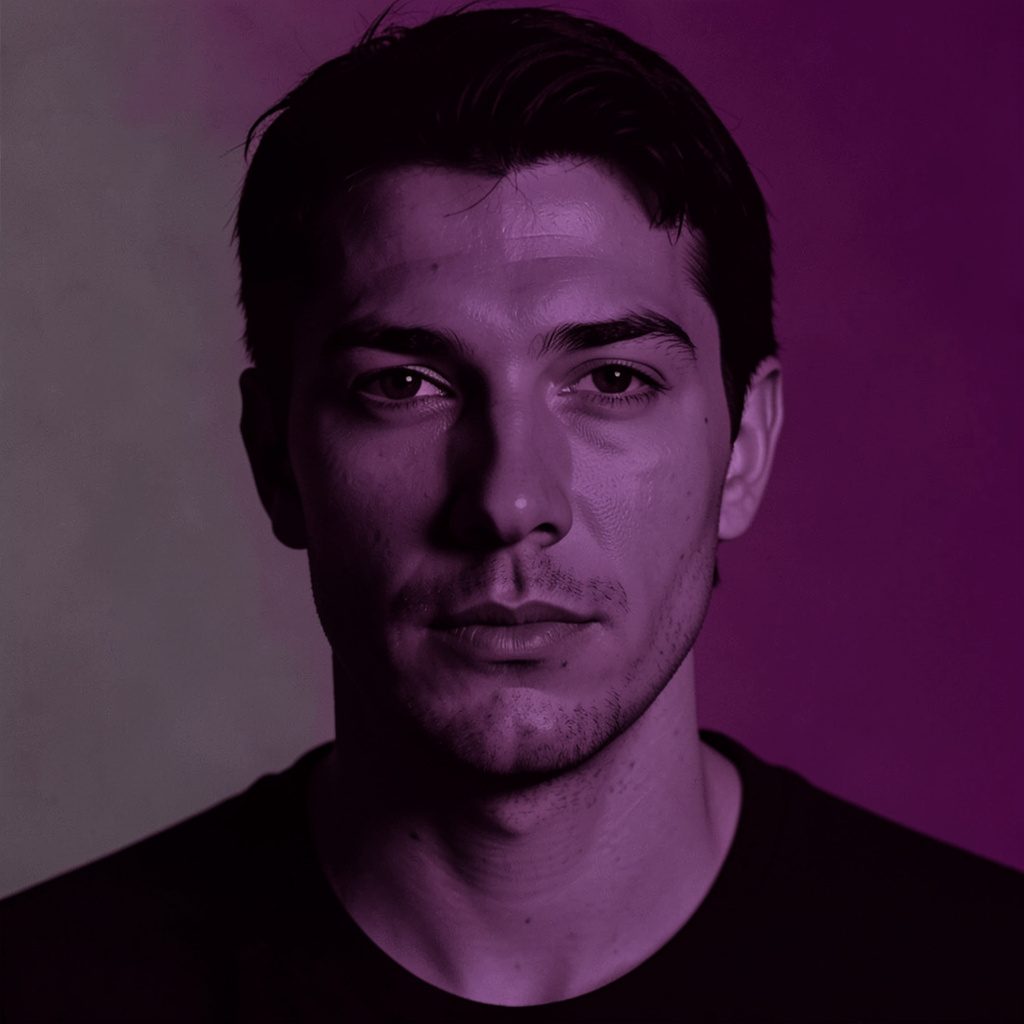 An image of a crucifix rendered in a stark two-tone duotone of deep burgundy and warm cream, solemn and contemplative mood