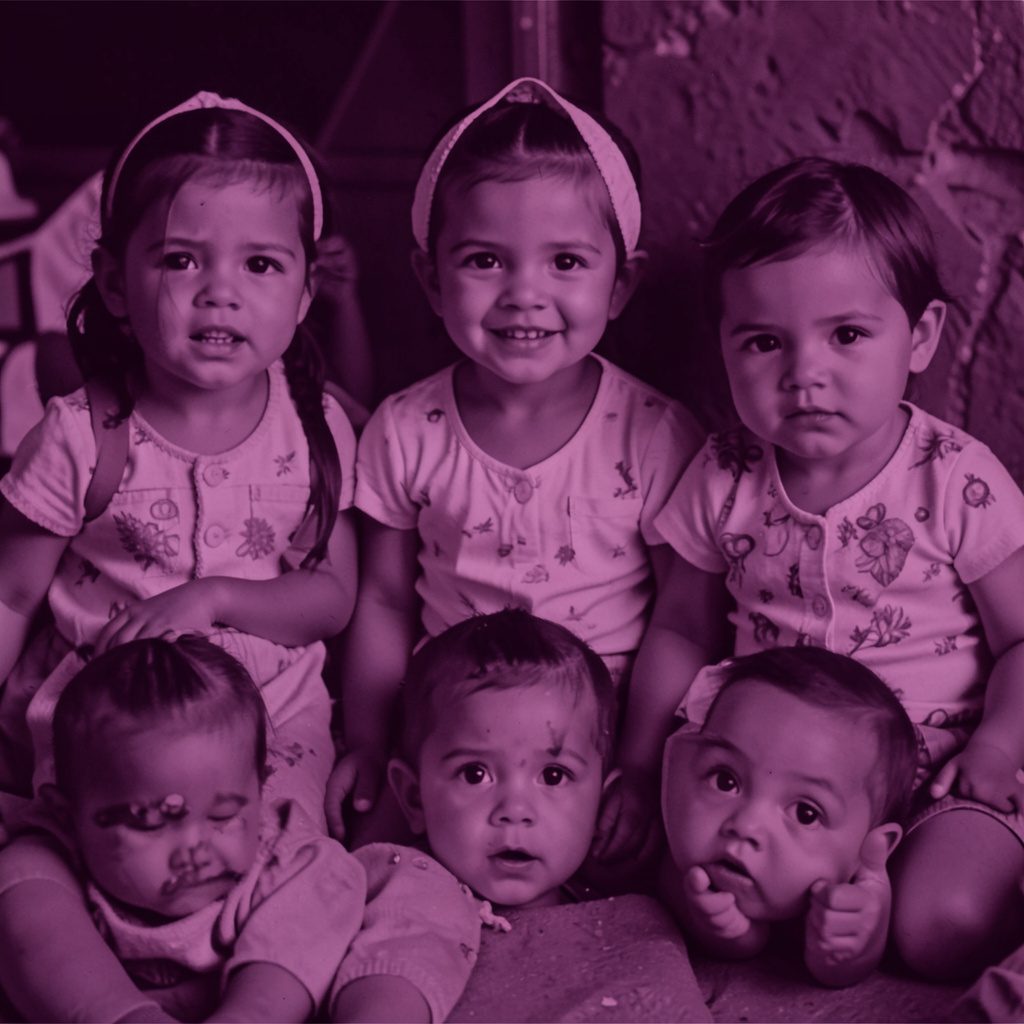 A group of children in a devotional setting shown in a hard two-tone duotone of deep maroon and soft white, gentle and hopeful mood