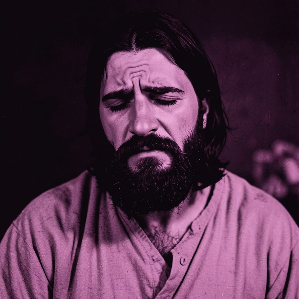 A somber portrait-style image evoking quiet grief and devotion, rendered in a two-tone duotone of dark maroon and pale gray, reflective mood