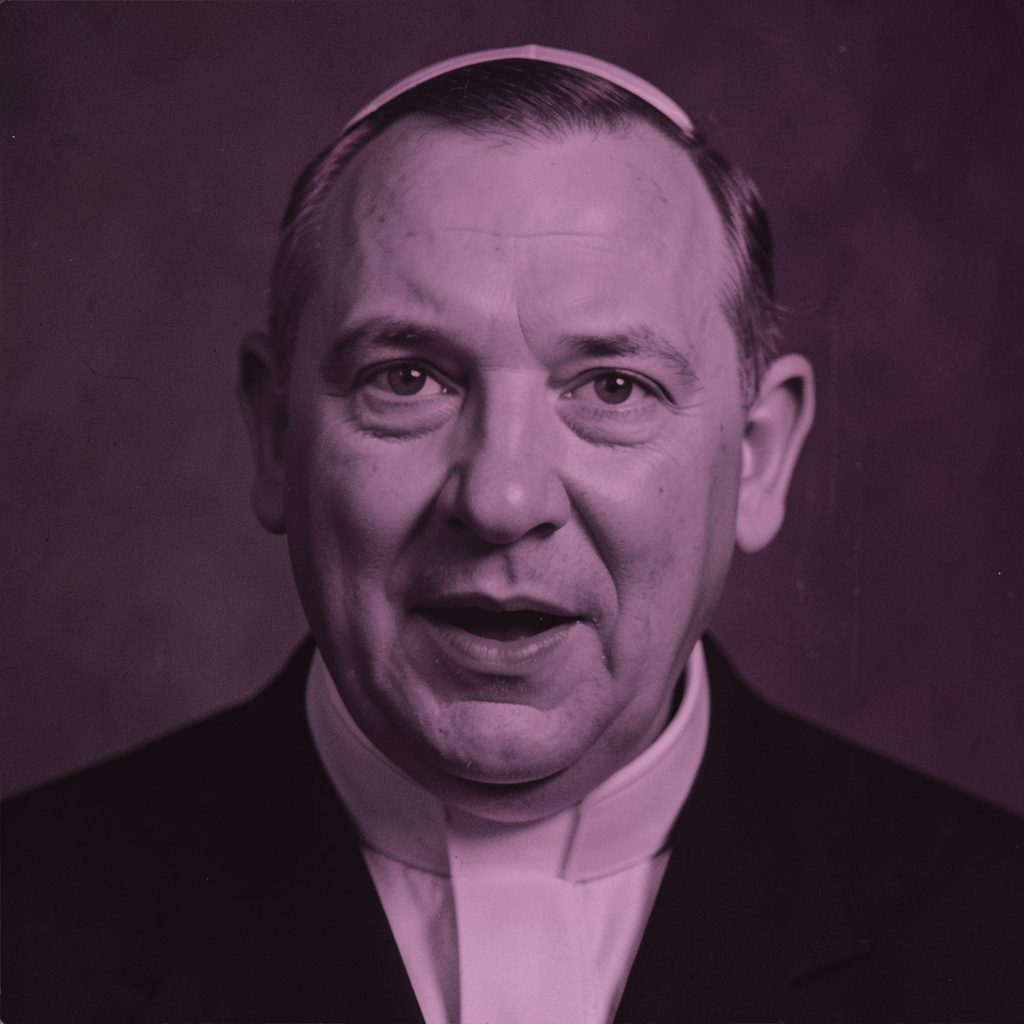 A pope dressed in white vestments addressing a crowd, rendered in a stark two-tone duotone of deep maroon and cream, solemn and dignified mood